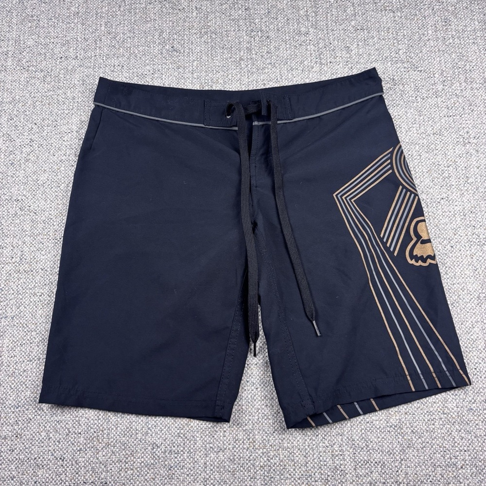 Fox Racing Mens Swim Shorts US5 Black Graphic Print Drawstring Waist Y2k